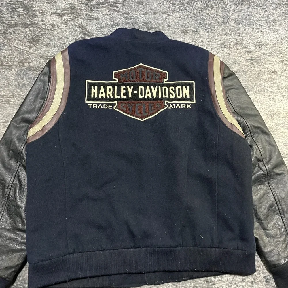 VTG Harley Davidson Leather Varsity‎ Bomber Jacket XL Navy Blue Embroidered Logo
